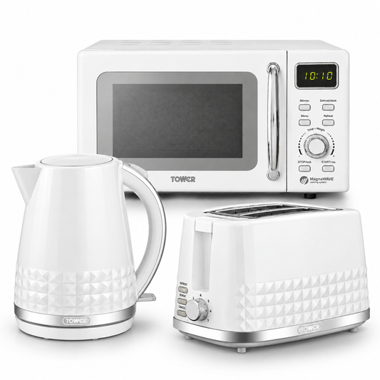 Tower Solitaire Kettle, 2 Slice Toaster & Microwave Kitchen Set (White)