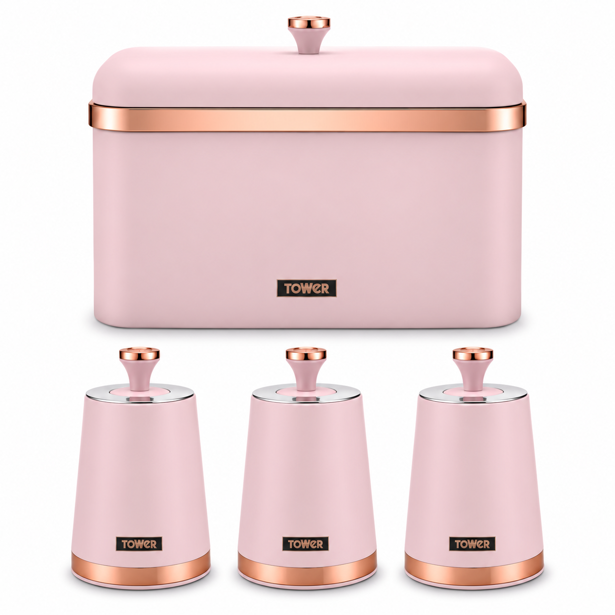 Marshmallow pink bread bin and 3 canisters with copper-tone lids