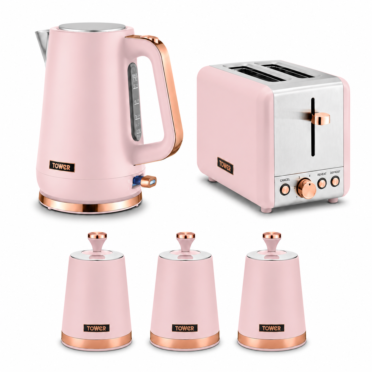 Tower Cavaletto Jug Kettle, 2 Slice Toaster & Canisters Kitchen Set (Marshmallow Pink) Kitchen Sets