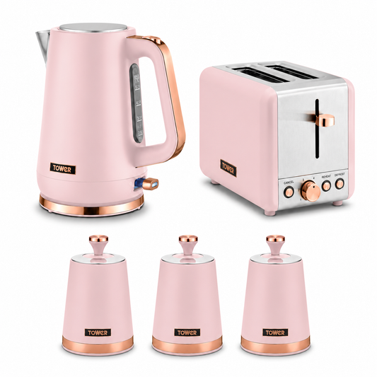 Tower Cavaletto Jug Kettle, 2 Slice Toaster & Canisters Kitchen Set (Marshmallow Pink)