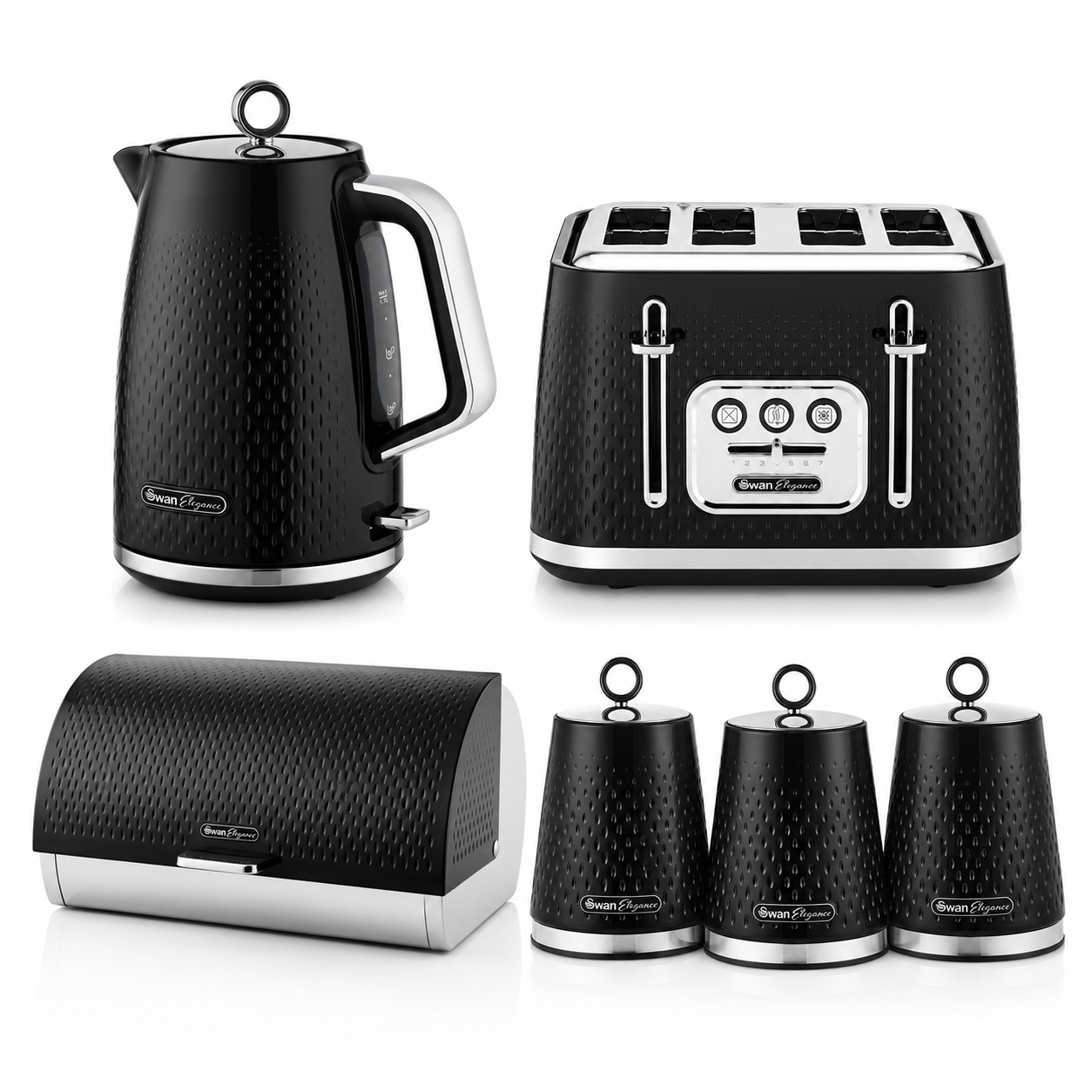 Black kitchen countertop set with kettle, 4-slice toaster, bread bin, and canisters