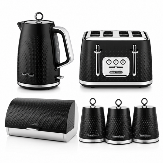 Black kitchen countertop set with kettle, 4-slice toaster, bread bin, and canisters