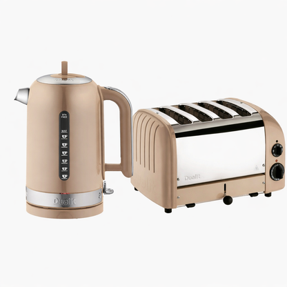 Beige kettle and toaster set on a white background