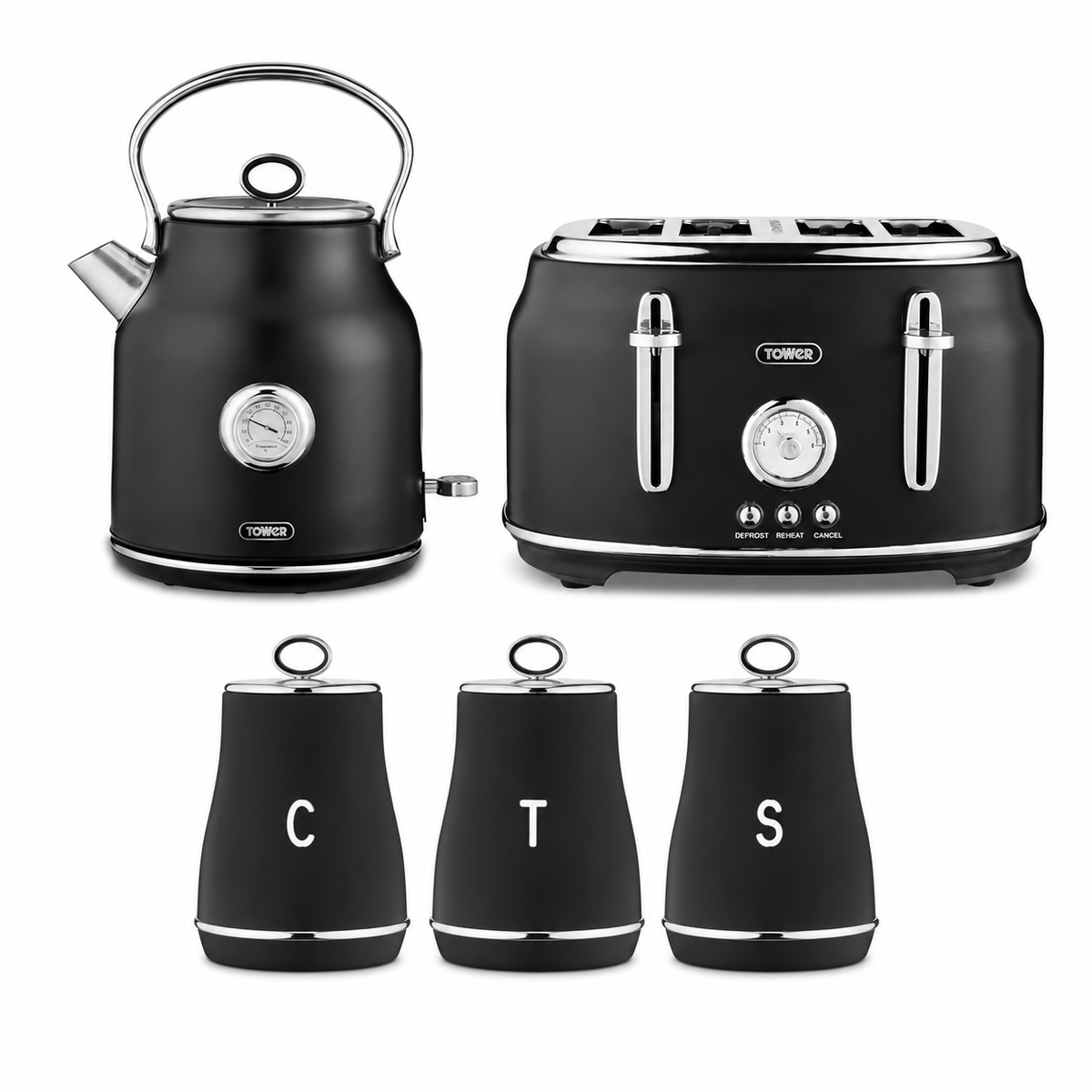 Tower Tower Renaissance Kettle, 4 Slice Toaster & Canisters Kitchen Set (Black)