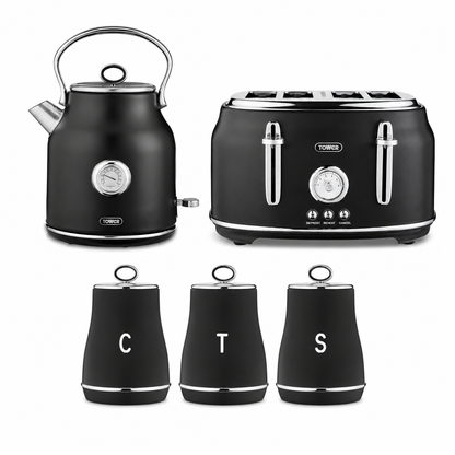 Tower Tower Renaissance Kettle, 4 Slice Toaster & Canisters Kitchen Set (Black)