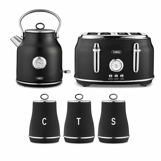 Tower Tower Renaissance Kettle, 4 Slice Toaster & Canisters Kitchen Set (Black)