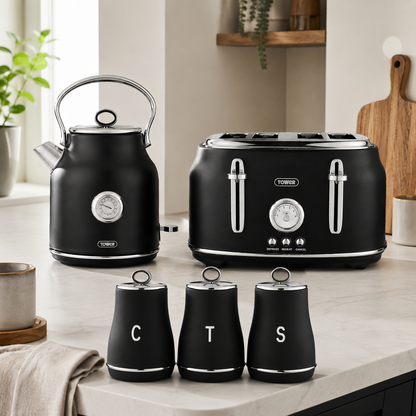 Tower Tower Renaissance Kettle, 4 Slice Toaster & Canisters Kitchen Set (Black)