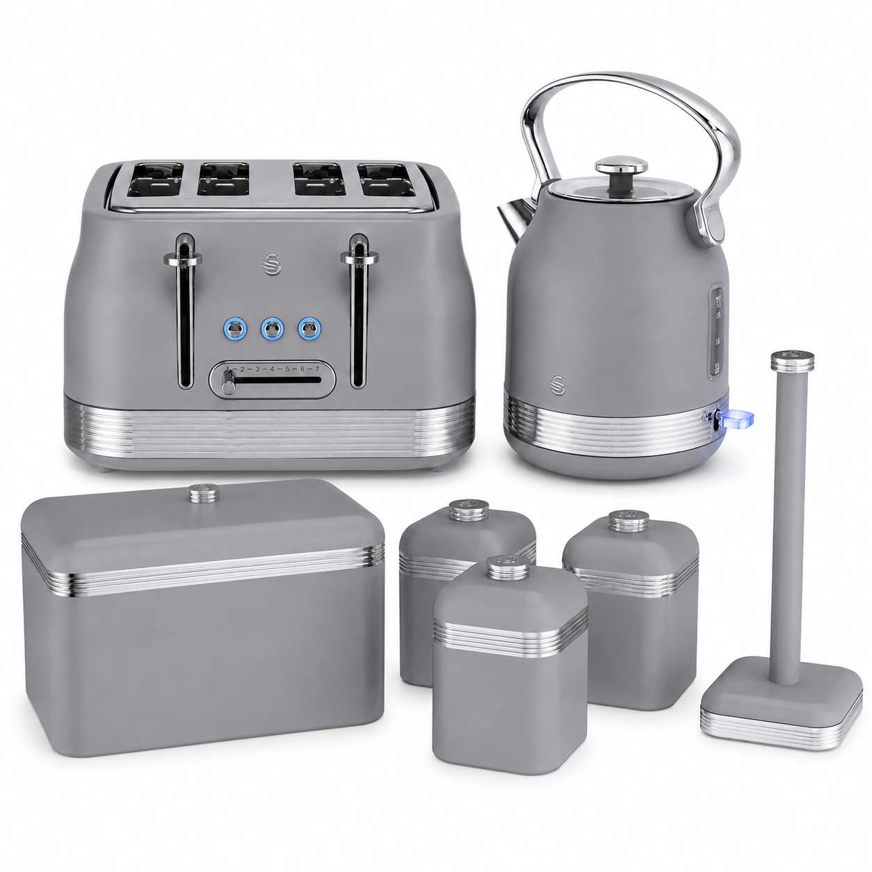Swan Retro Pyramid Kettle, 4 Slice Toaster, Bread Bin, Canisters & Towel Pole Kitchen Set (Grey)