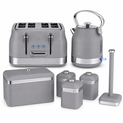 Swan Retro Pyramid Kettle, 4 Slice Toaster, Bread Bin, Canisters & Towel Pole Kitchen Set (Grey)