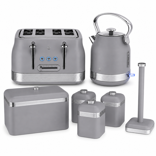 Swan Swan Retro Pyramid Kettle, 4 Slice Toaster, Bread Bin, Canisters & Towel Pole Kitchen Set (Grey)