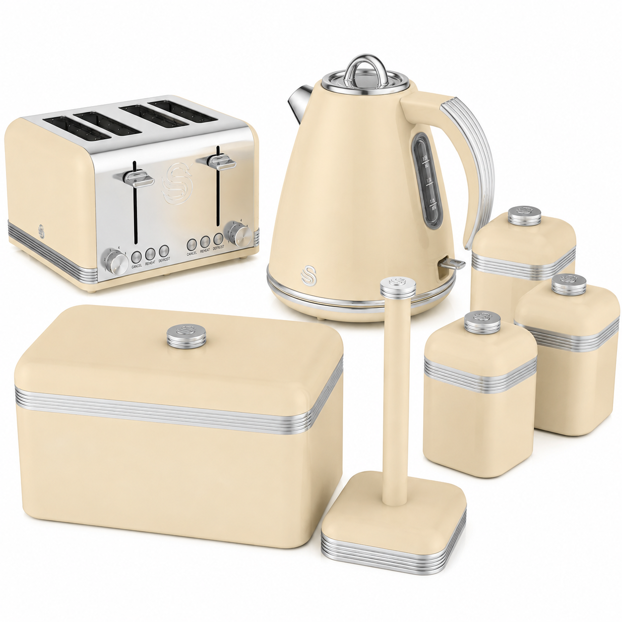 Swan Retro Kettle, 4 Slice Toaster, Bread Bin, Canisters & Towel Pole Set (Cream)