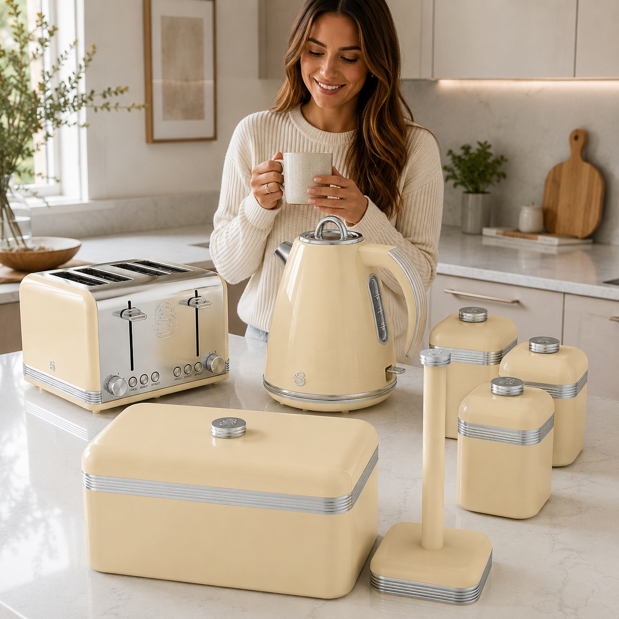 Swan Retro Kettle, 4 Slice Toaster, Bread Bin, Canisters & Towel Pole Set (Cream)