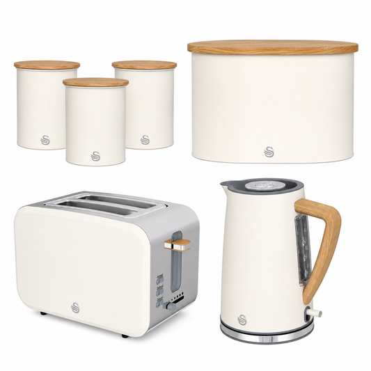 Swan Swan Nordic Kettle, 2 Slice Toaster, Bread Bin & Canisters Kitchen Set (Cotton White)