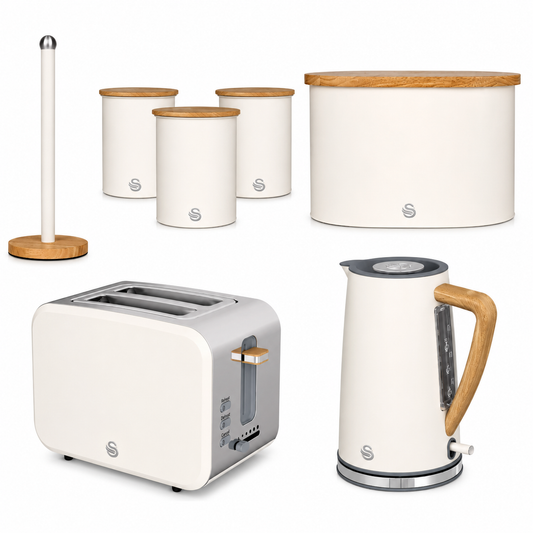 Swan Swan Nordic Kettle, 2 Slice Toaster, Bread Bin, Canisters & Towel Pole Set (Cotton White)