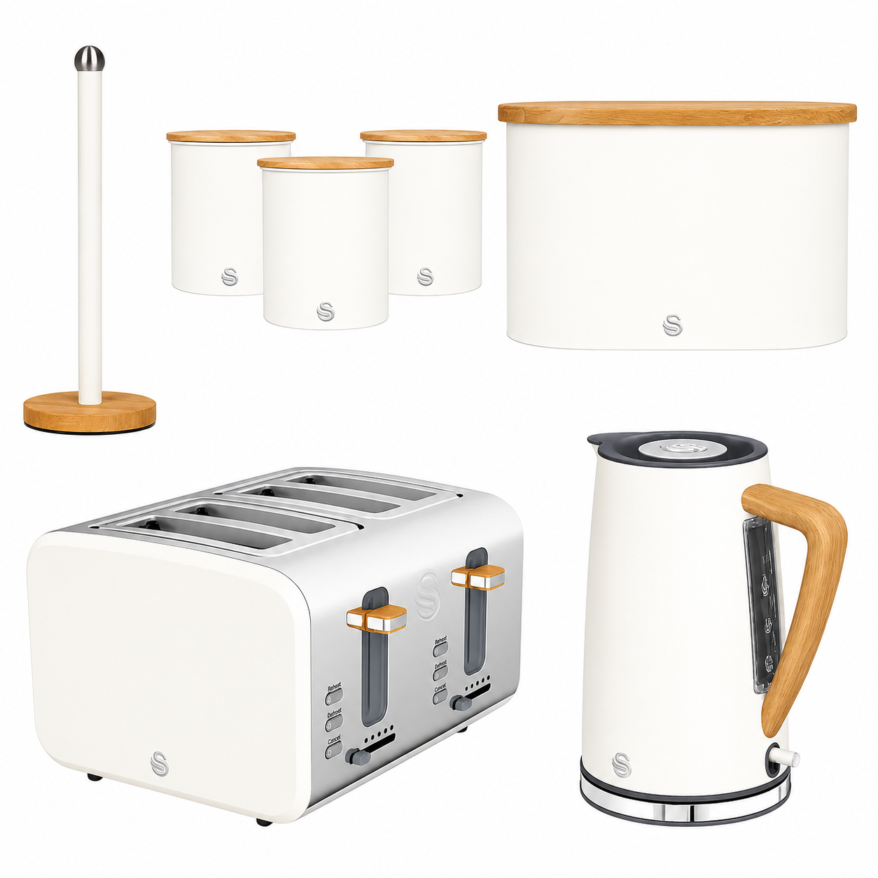 Swan Swan Nordic Kettle, 4 Slice Toaster, Bread Bin, Canisters & Towel Pole Set (Cotton White)