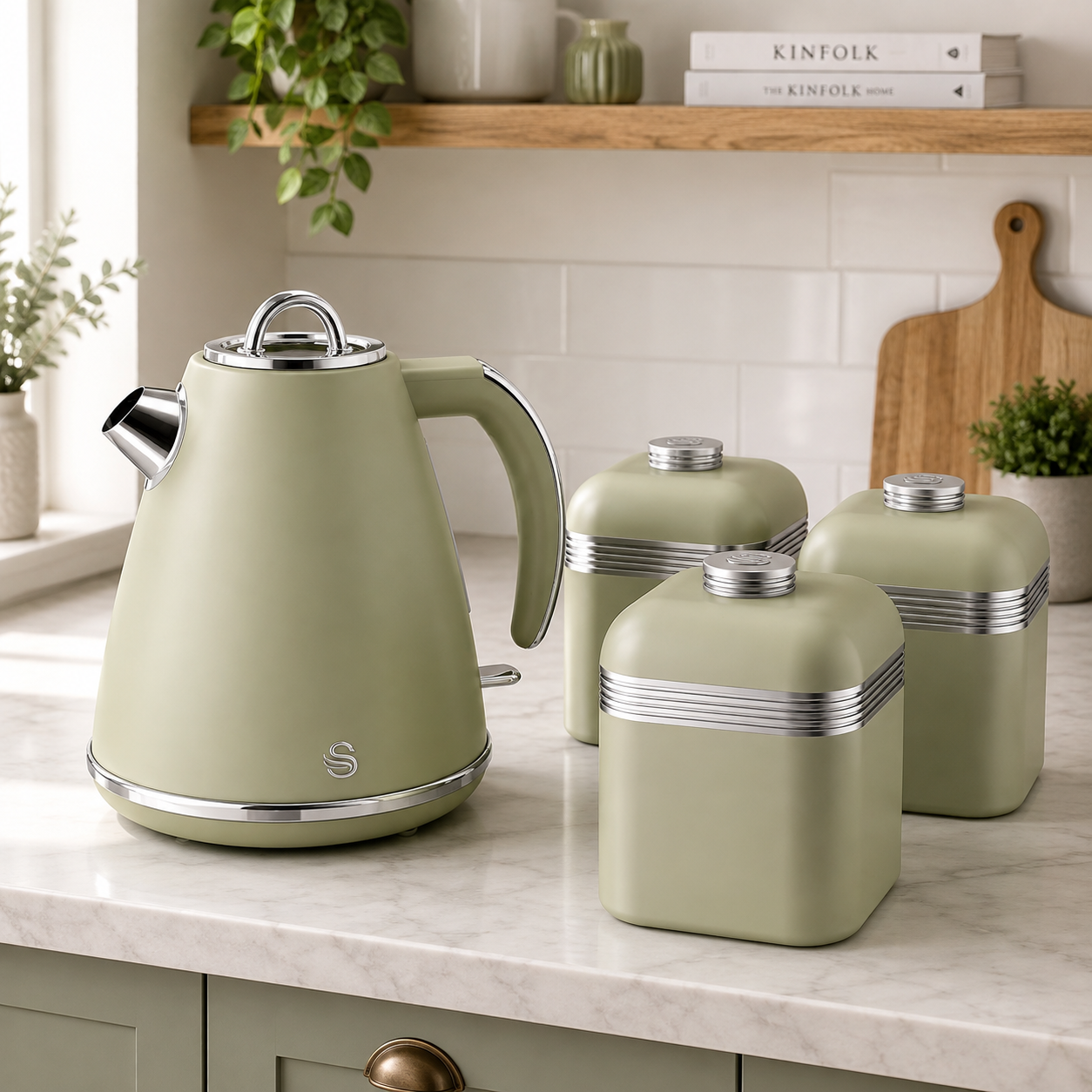 Swan Retro Jug Kettle & Canisters Matching Kitchen Set (Green)