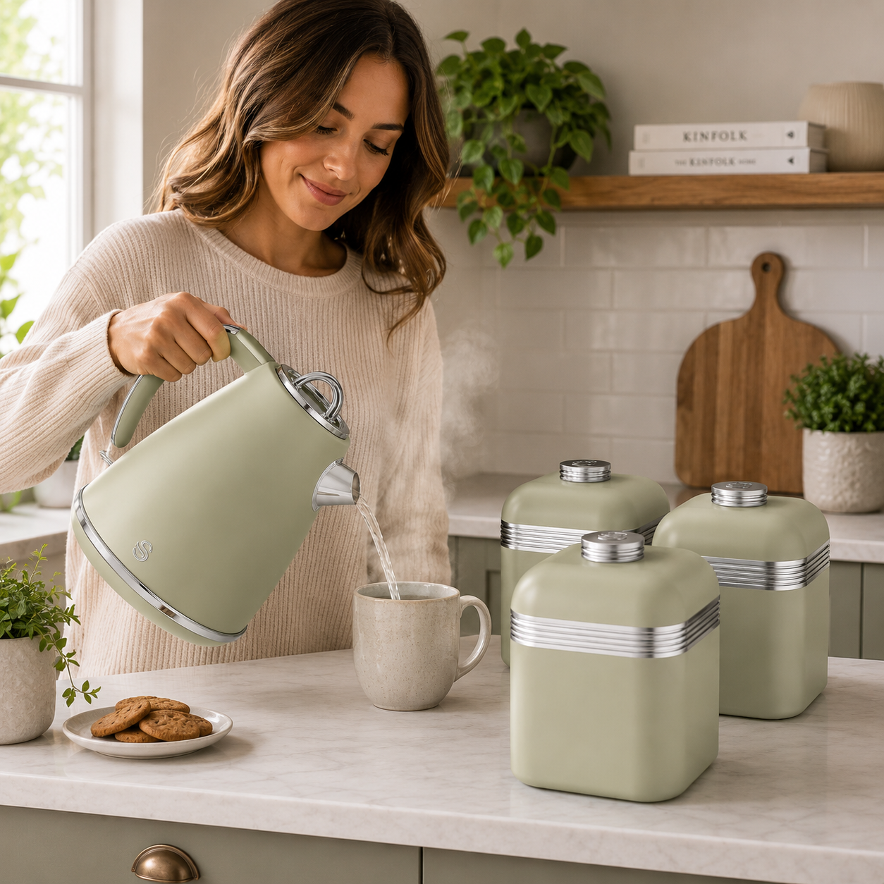 Swan Retro Jug Kettle & Canisters Matching Kitchen Set (Green)
