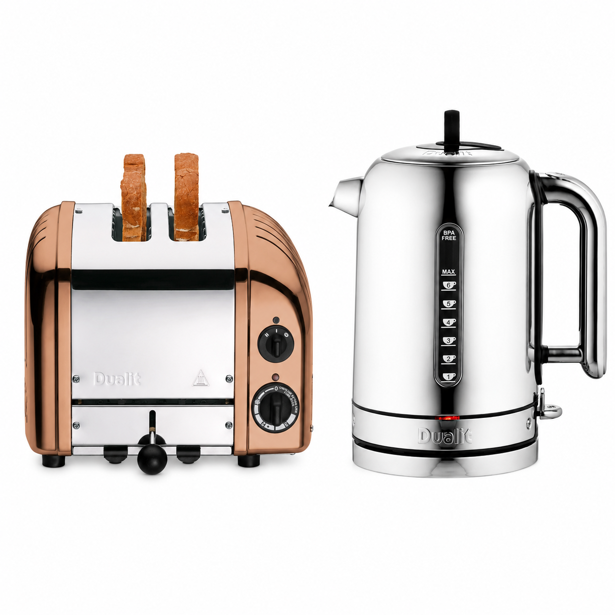 Dualit Classic Silver Kettle & 2 Slice Vario AWS Copper Toaster Kitchen Set