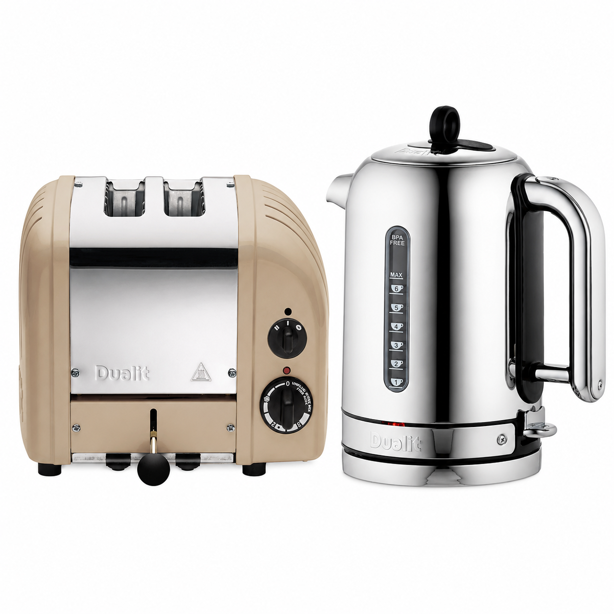 Dualit Classic Silver Kettle & Sandstone 2 Slice Vario AWS Toaster Kitchen Set