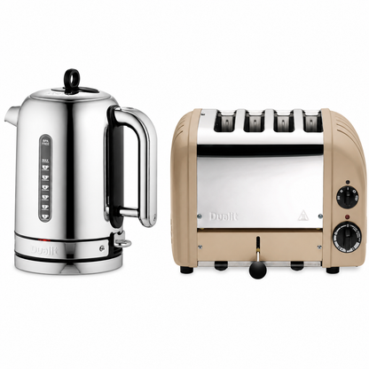 Dualit Classic Silver Kettle & Sandstone 4 Slice Vario AWS Toaster Kitchen Set