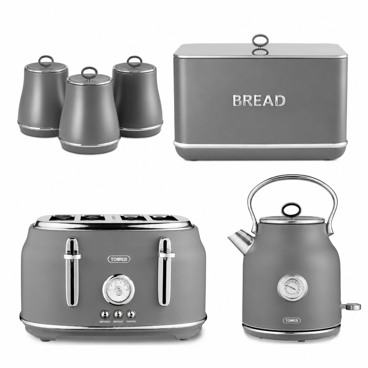 Tower Tower Renaissance Kettle, 4 Slice Toaster, Bread Bin & Canisters Kitchen Set (Grey)
