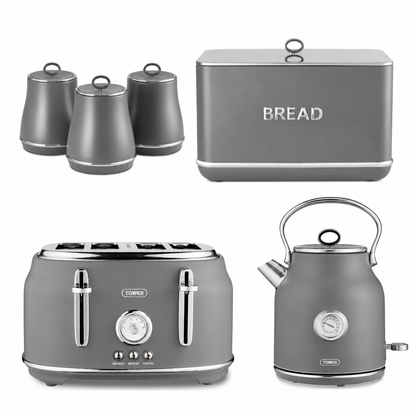 Tower Tower Renaissance Kettle, 4 Slice Toaster, Bread Bin & Canisters Kitchen Set (Grey)