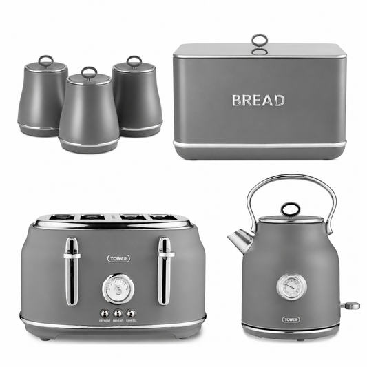 Grey kitchen set with bread bin, toaster, kettle, and three matching canisters