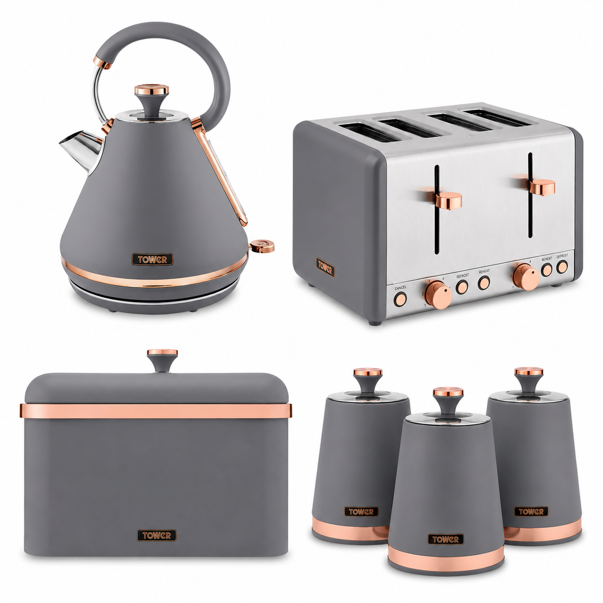 Tower Tower Cavaletto Pyramid Kettle, 4 Slice Toaster, Bread Bin & Canisters Kitchen Set (Grey)