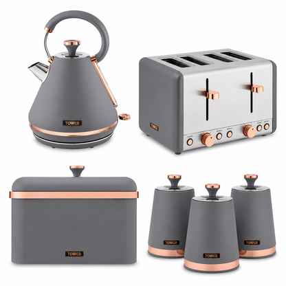 Tower Tower Cavaletto Pyramid Kettle, 4 Slice Toaster, Bread Bin & Canisters Kitchen Set (Grey)