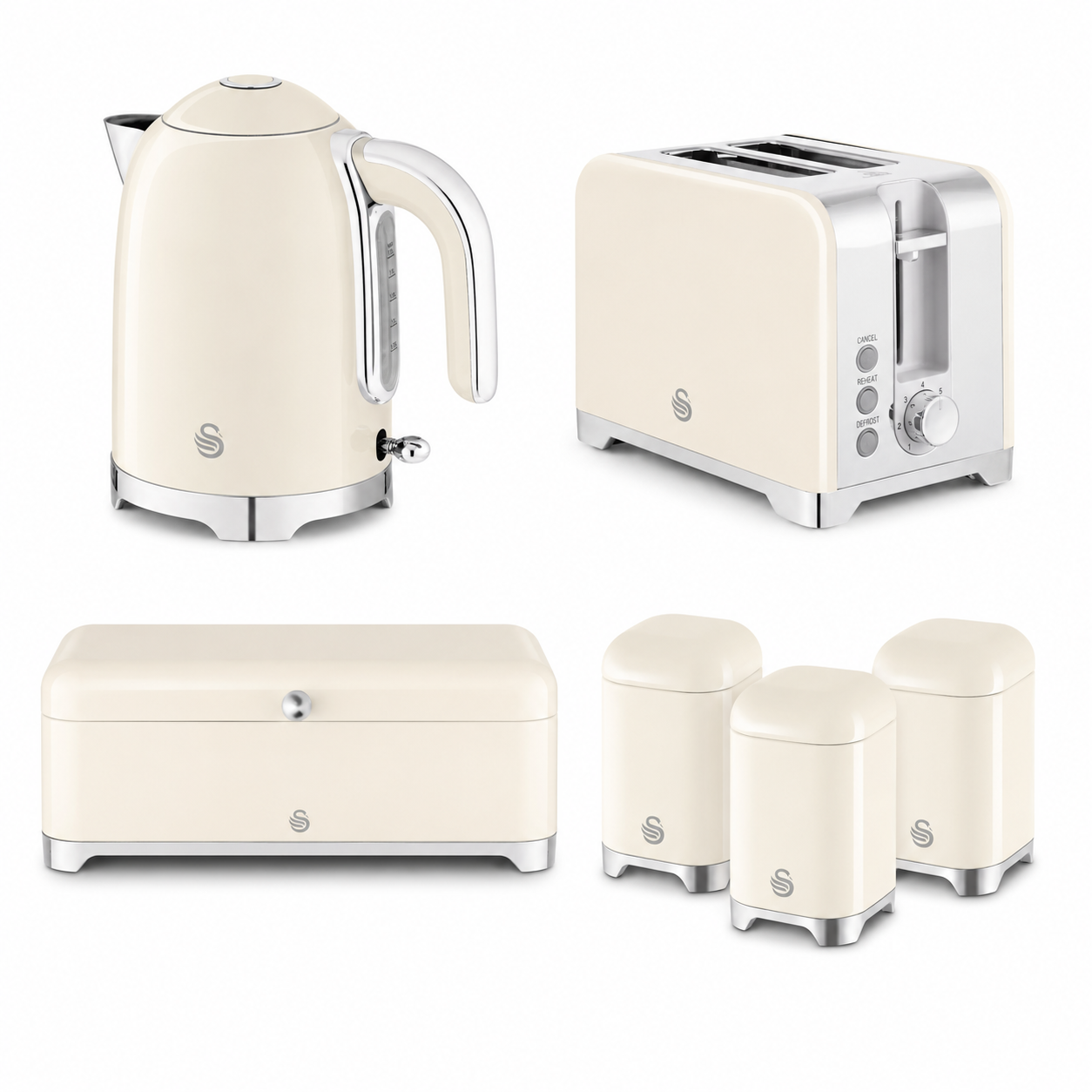 Swan Solace Jug Kettle, 2 Slice Toaster, Bread Bin & Canisters (Cream) Kitchen Sets