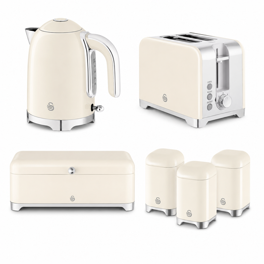 Cream-colored retro kitchen appliance set including a kettle, toaster, bread box, and three canisters, arranged on a clean white background.