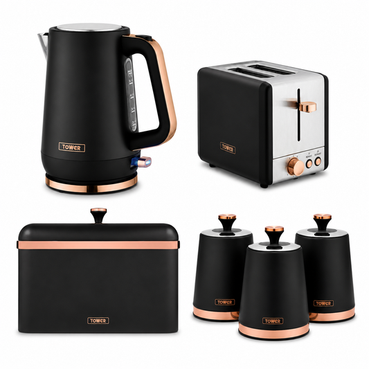 Tower Cavaletto Jug Kettle, 2 Slice Toaster, Canisters & Bread Bin (Black)