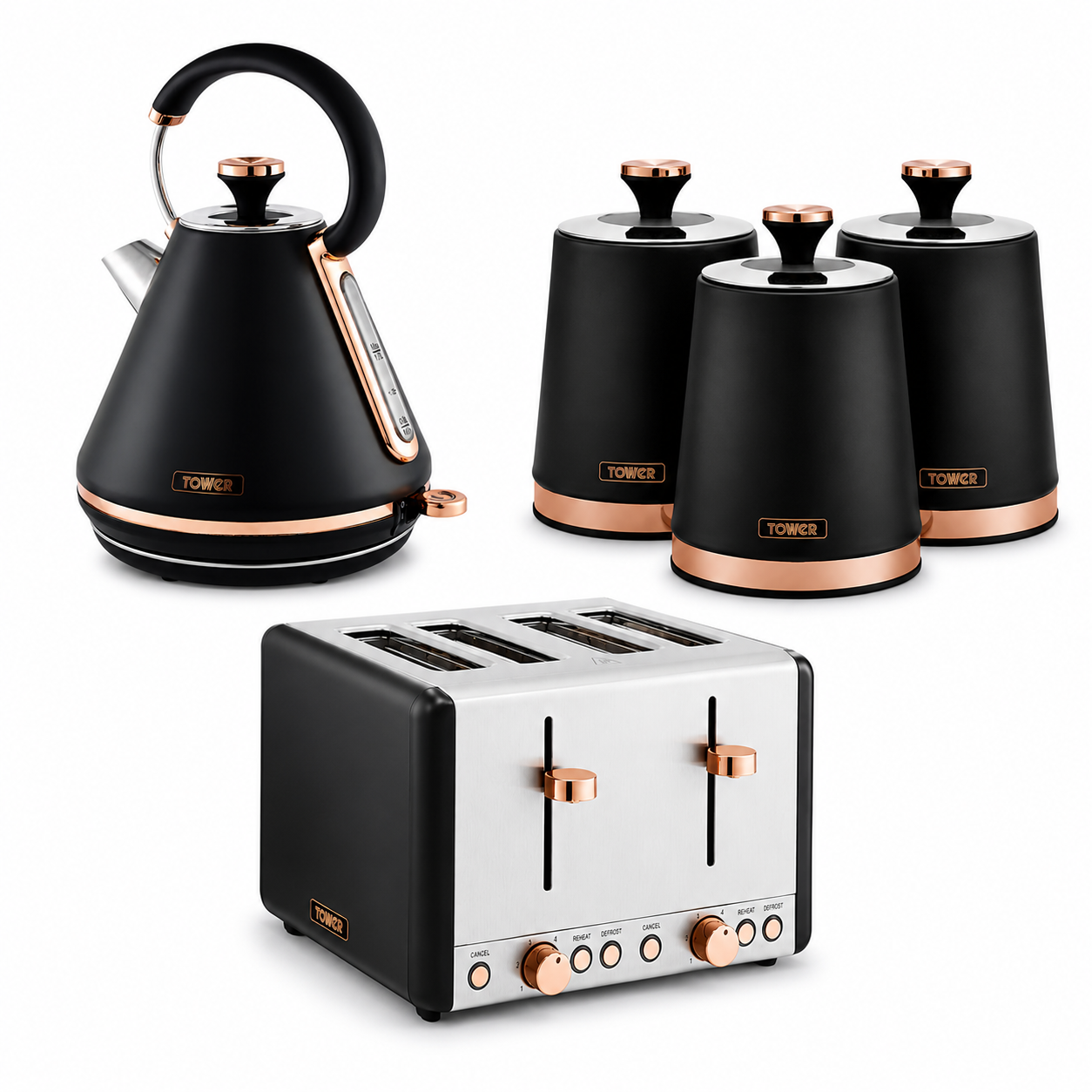 Tower Tower Cavaletto Pyramid Kettle, 4 Slice Toaster & Canisters Kitchen Set (Black)