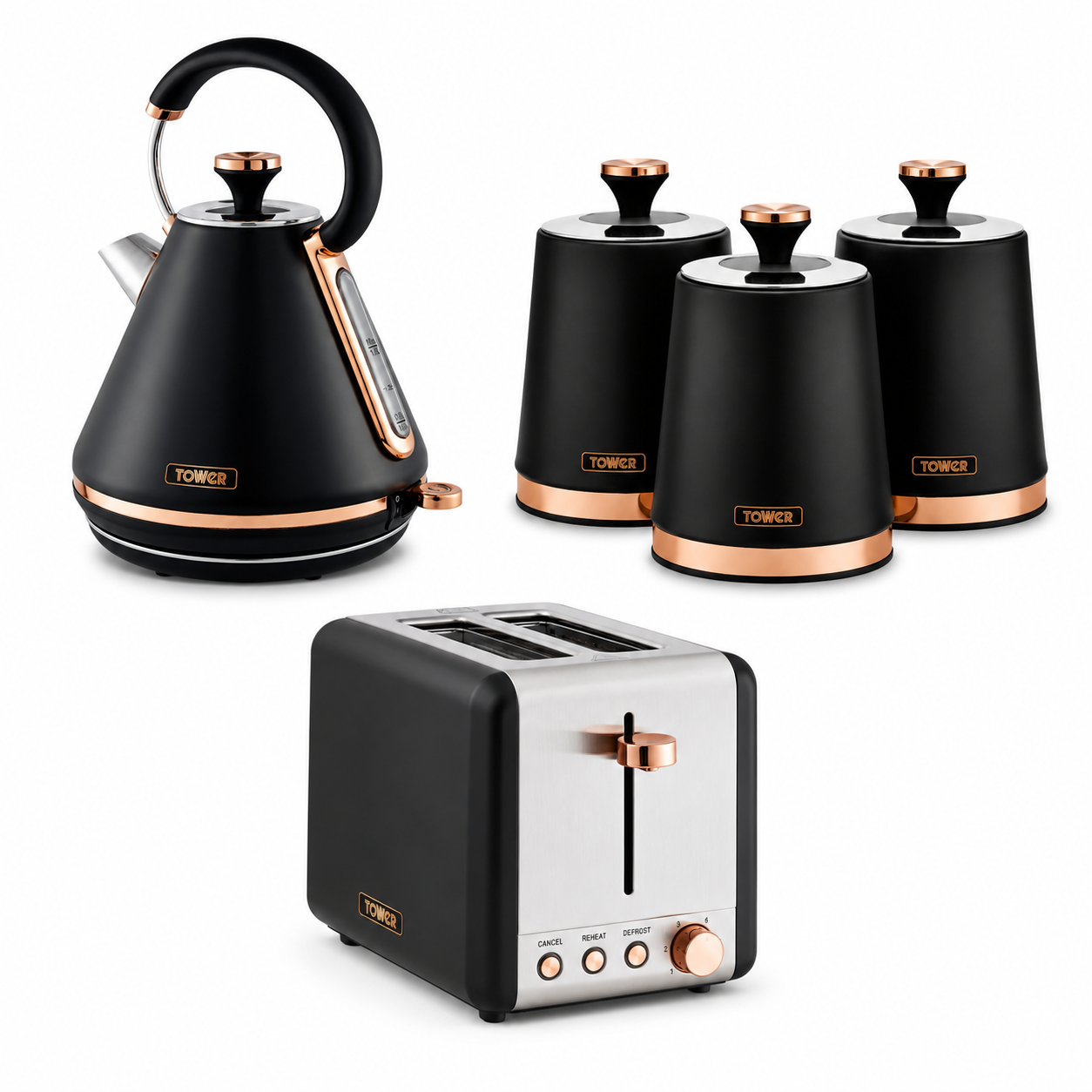 Tower Tower Cavaletto Pyramid Kettle, 2 Slice Toaster & Canisters Kitchen Set (Black)