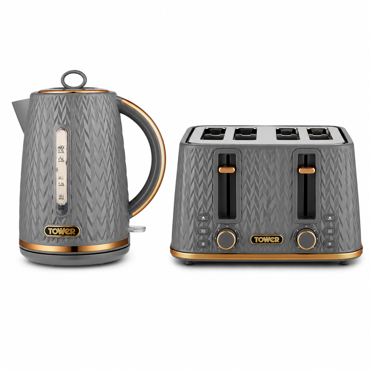 Grey electric kettle and 4-slice toaster set, Tower branding.