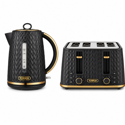 Tower Tower Empire Jug Kettle & 4 Slice Toaster Kitchen Set (Black)