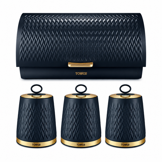 Midnight blue bread bin with textured lid and three matching canisters, gold accents