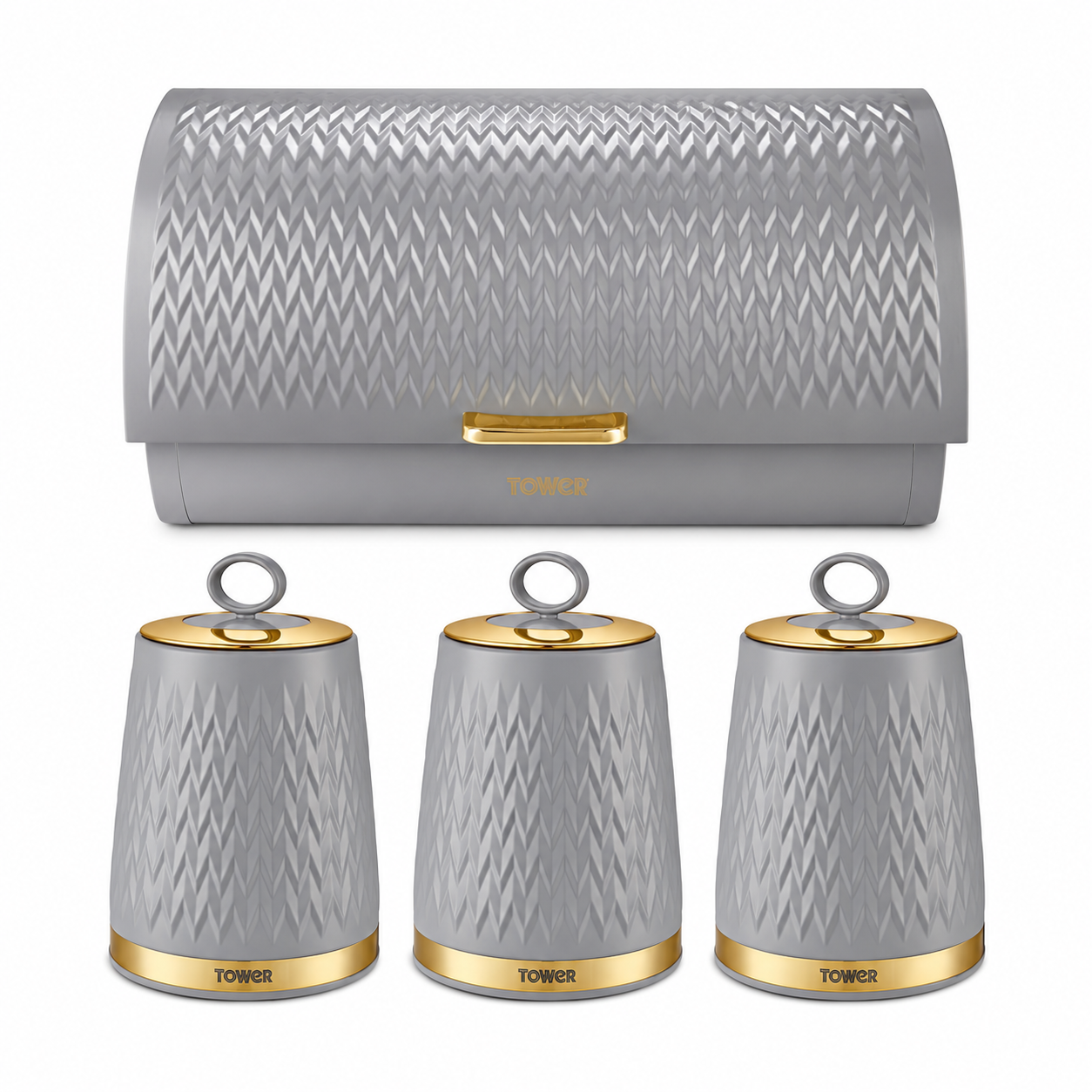 Grey bread bin with gold handle and three matching canisters for kitchen storage