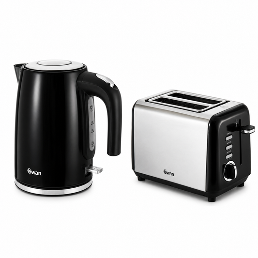 Black jug kettle and 2-slice toaster kitchen set with brushed metal top and dials