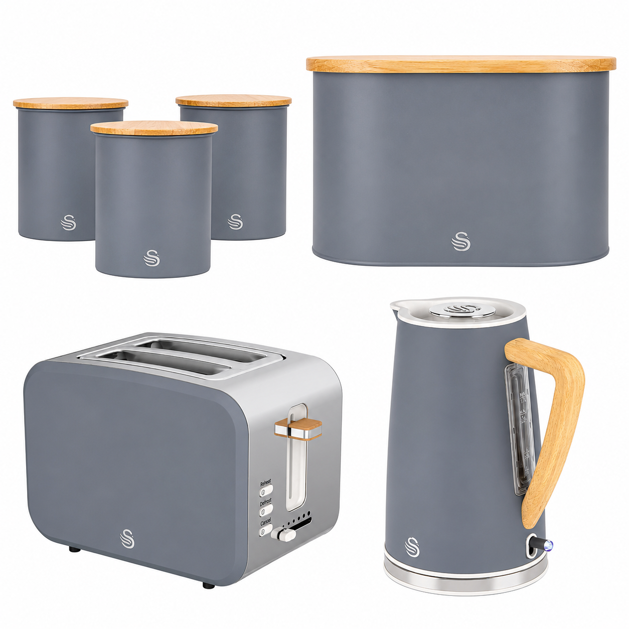 Swan Swan Nordic Kettle, 2 Slice Toaster, Bread Bin & Canisters Kitchen Set (Grey)