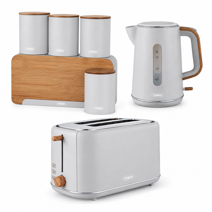 Tower Tower Scandi Kettle, 2 Slice Toaster, Bread Bin, Canisters & Biscuit Barrel Kitchen Set (Dove Grey)