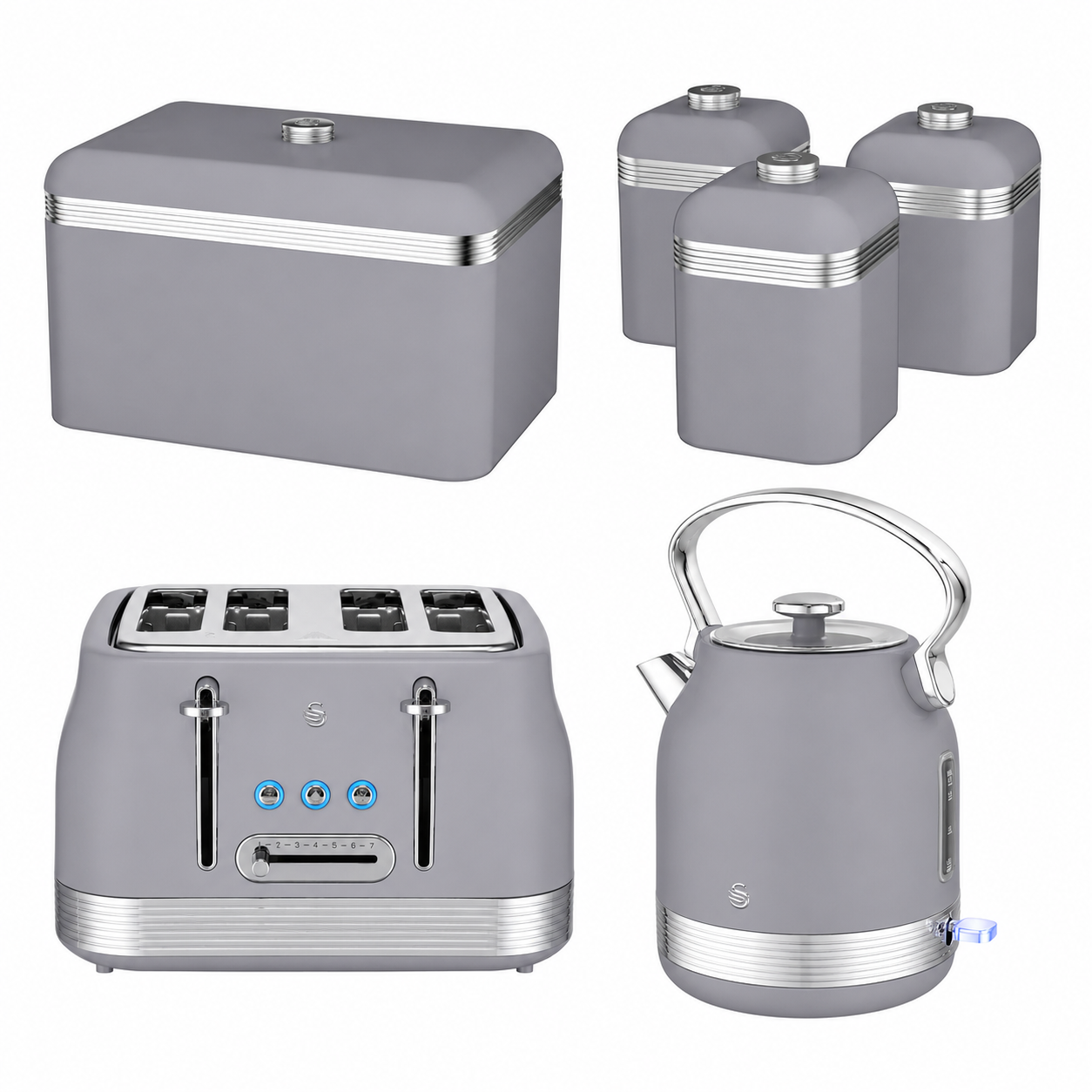 Swan Swan Retro Pyramid Kettle, 4 Slice Toaster, Bread Bin & Canisters Kitchen Set (Grey)