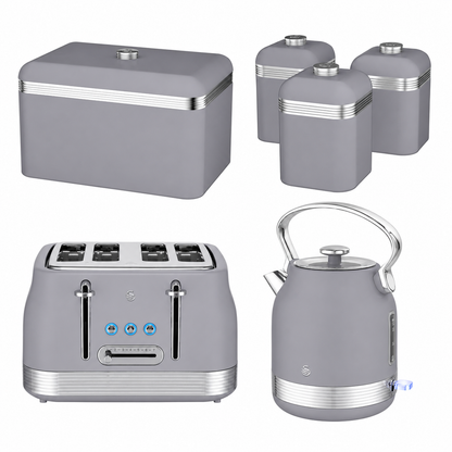 Swan Swan Retro Pyramid Kettle, 4 Slice Toaster, Bread Bin & Canisters Kitchen Set (Grey)