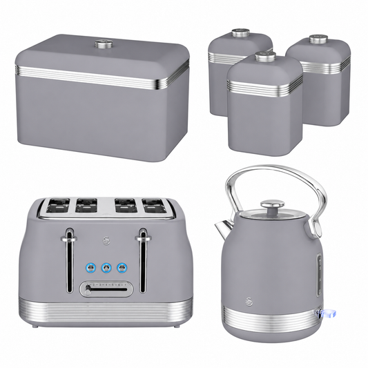 Grey retro kitchen set with bread bin, canisters, 4-slice toaster and kettle