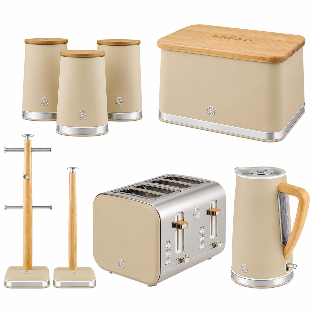 Oatmeal kitchen accessory set with canisters, toaster, bread bin, mug tree, towel pole