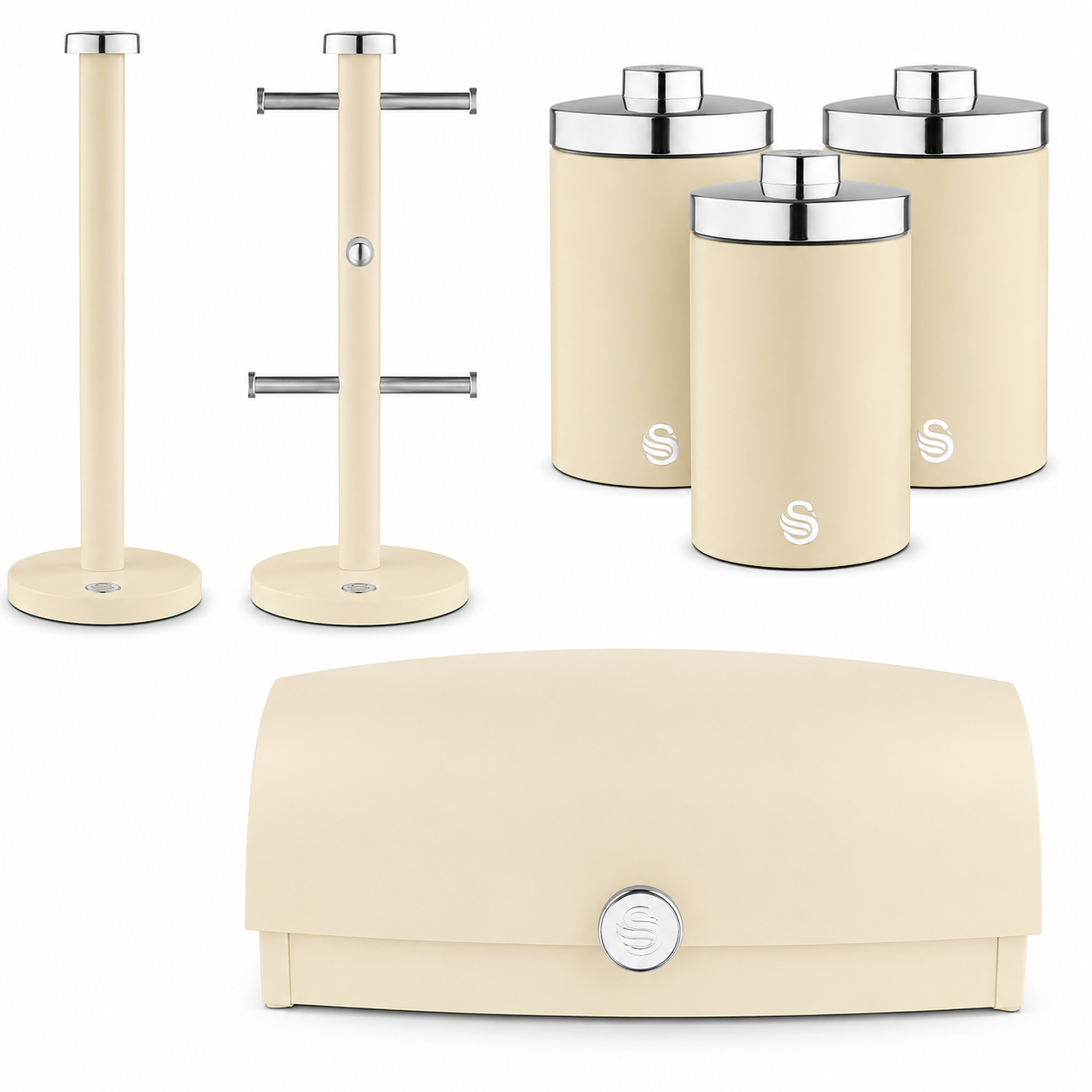 Swan Swan Townhouse Bread Bin, Canisters, Towel Pole & Mug Tree Storage Set (Cream)