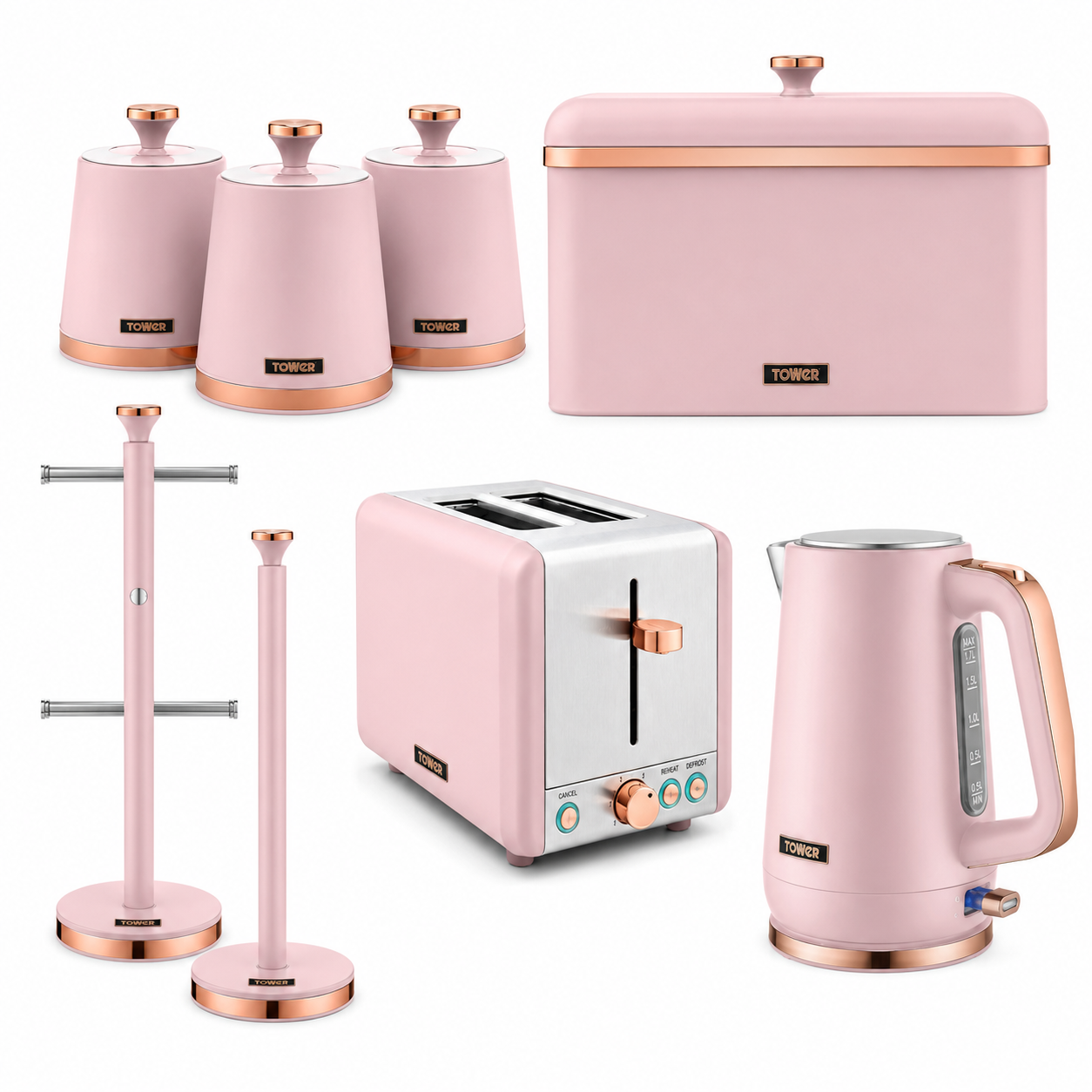 Tower Tower Cavaletto Jug Kettle, 2 Slice Toaster, Bread Bin, Canisters, Towel Pole & Mug Tree Kitchen Set (Marshmallow Pink)