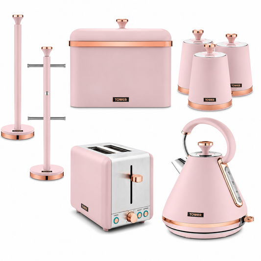 Tower Tower Cavaletto Pyramid Kettle, 2 Slice Toaster, Bread Bin, Canisters, Towel Pole & Mug Tree Kitchen Set (Marshmallow Pink)