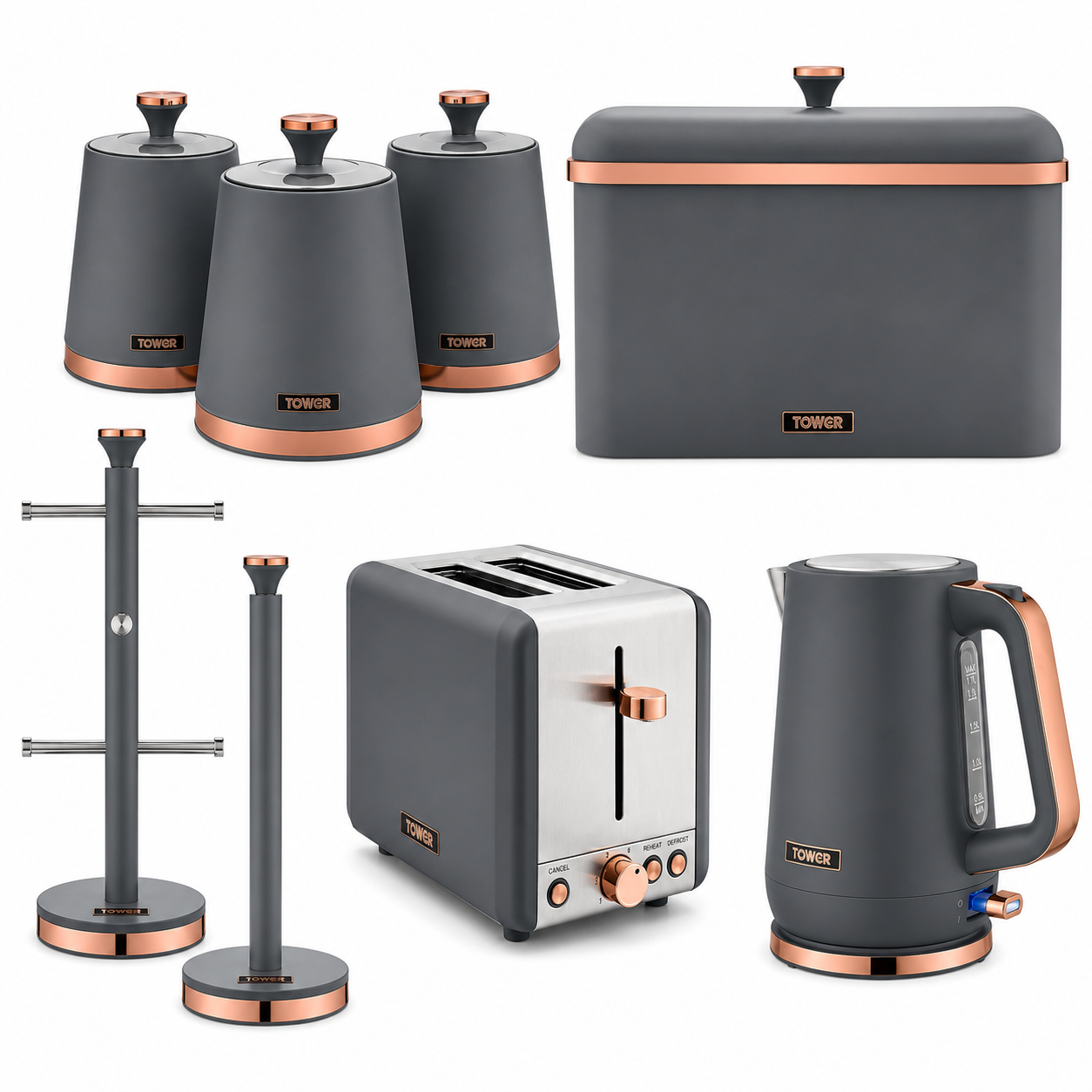 Tower Tower Cavaletto Jug Kettle, 2 Slice Toaster, Bread Bin, Canisters & Towel Pole Kitchen Set (Grey)