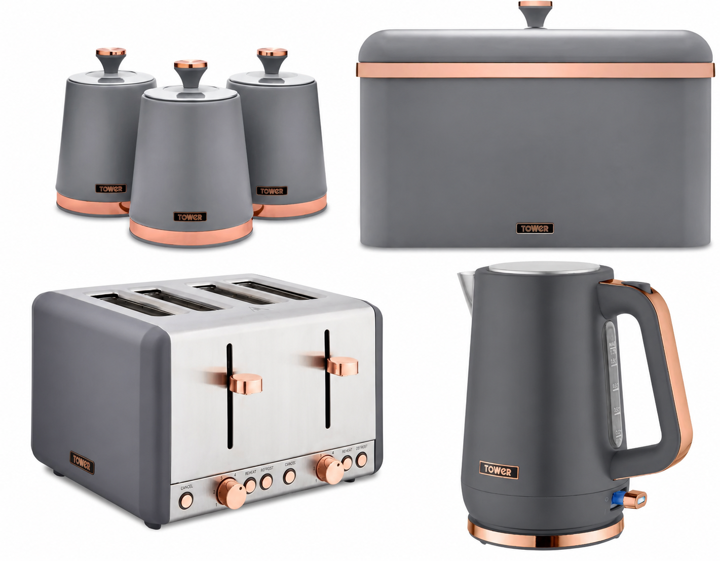 Tower Cavaletto Jug Kettle, 4 Slice Toaster, Bread Bin & Canisters Kitchen Set (Grey)